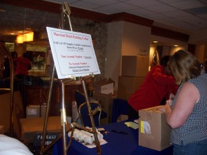 Shipping books home at the Marriott packing center. 